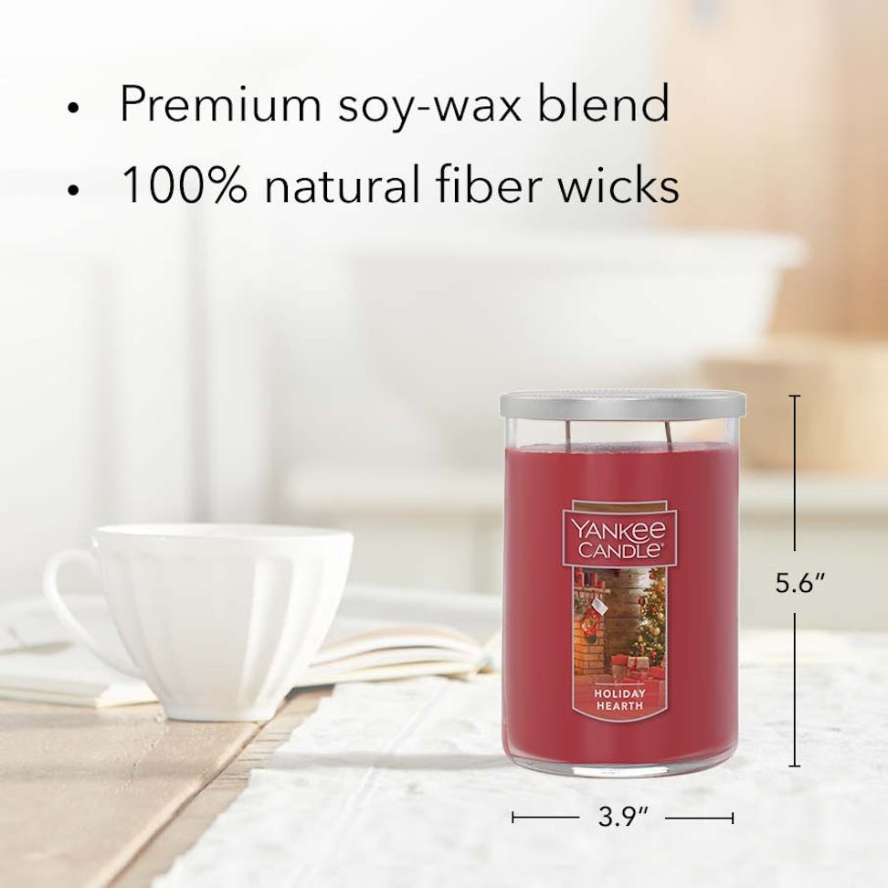 holiday hearth large two wick tumbler candle with product information