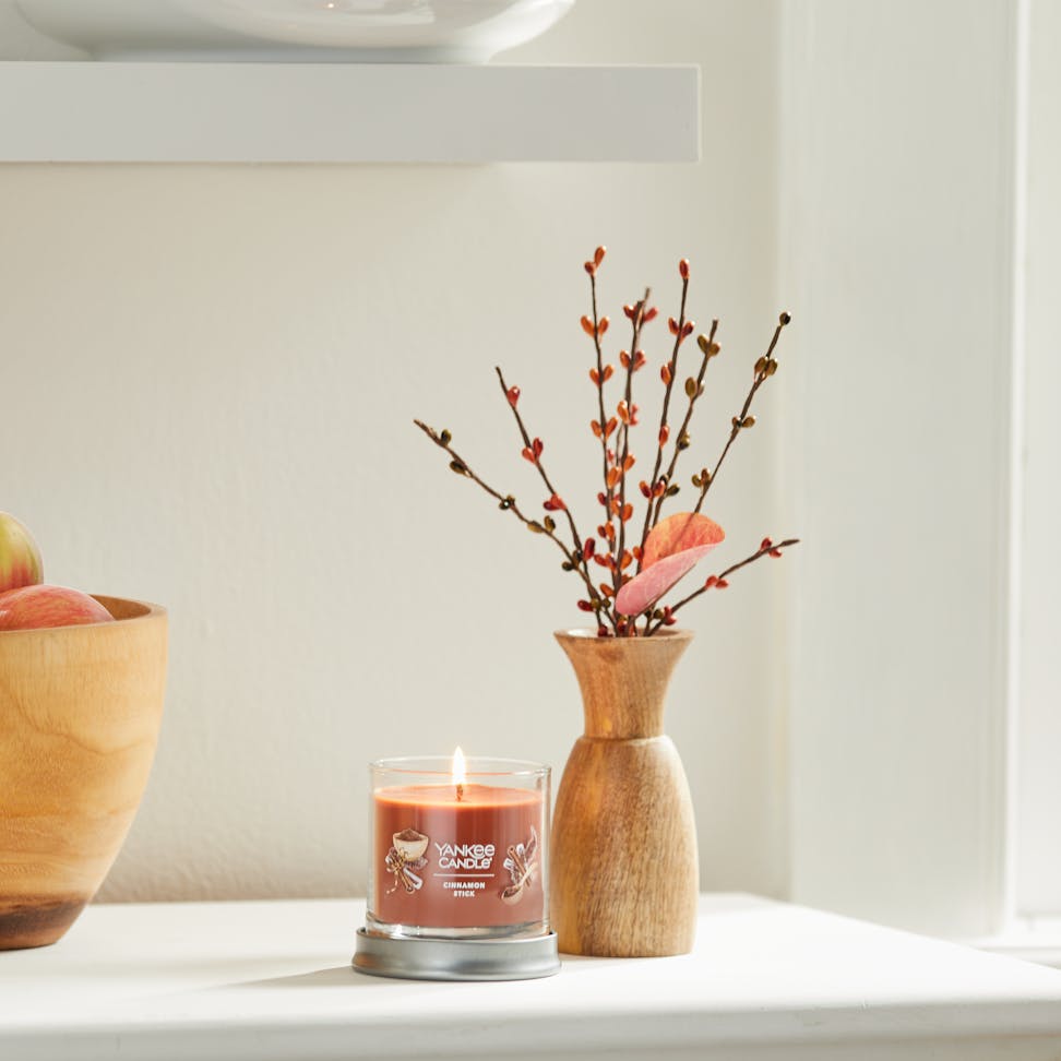 cinnamon stick signature small tumbler candle on mantle