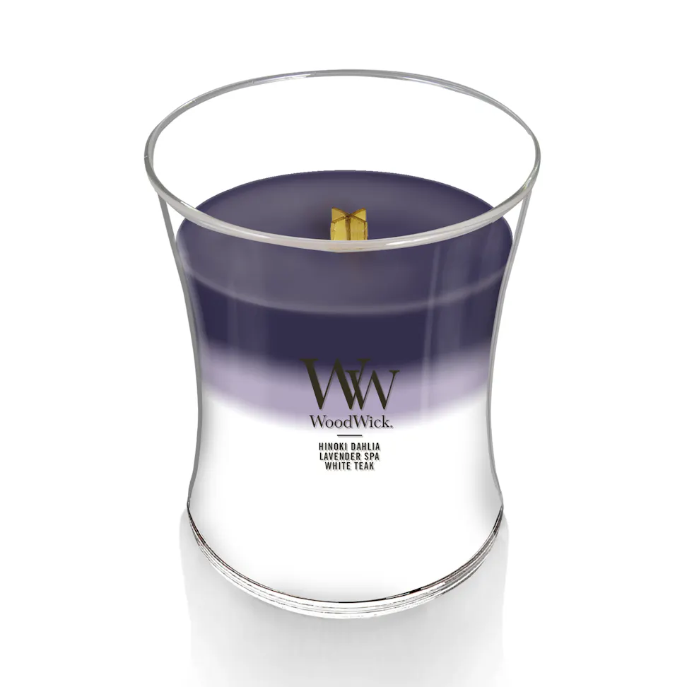 woodwick medium hourglass trilogy candle with hinoki dahlia lavender spa and white teak