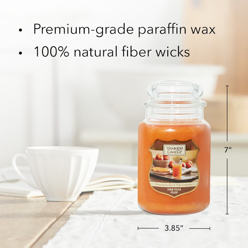 farm fresh peach original large jar candle with product information