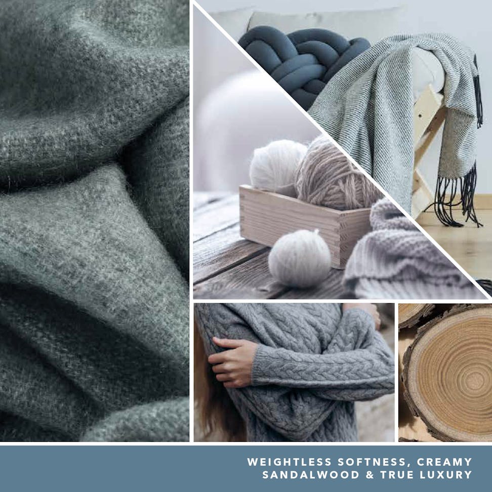 fragrance in 2D image featuring photos of a grey sweater, yarn, grey blankets and wood and text reading weightless softness, creamy sandalwood and true luxury