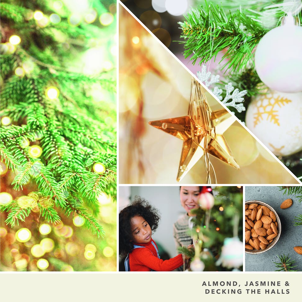photo collage and text reading almond, jasmine and decking the halls