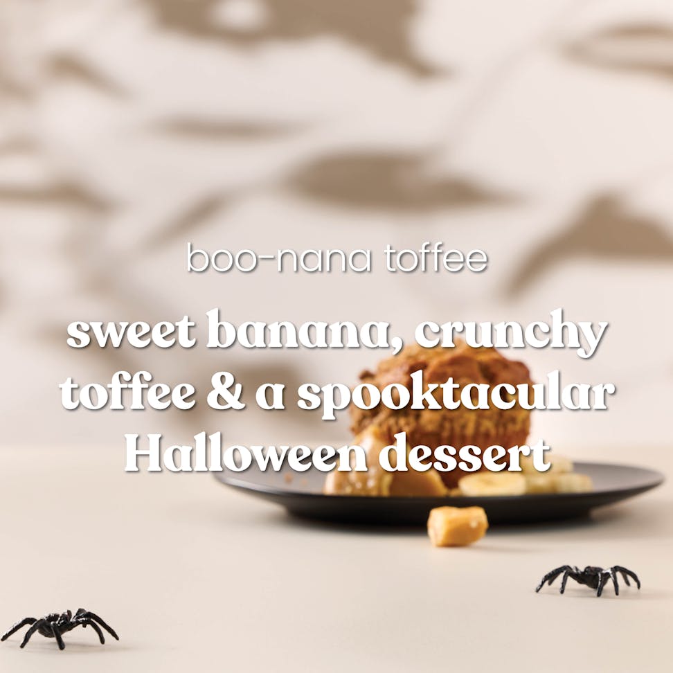 Toffee banana dessert with crunchy texture on plate, Halloween theme with spiders, sweet treat for parties