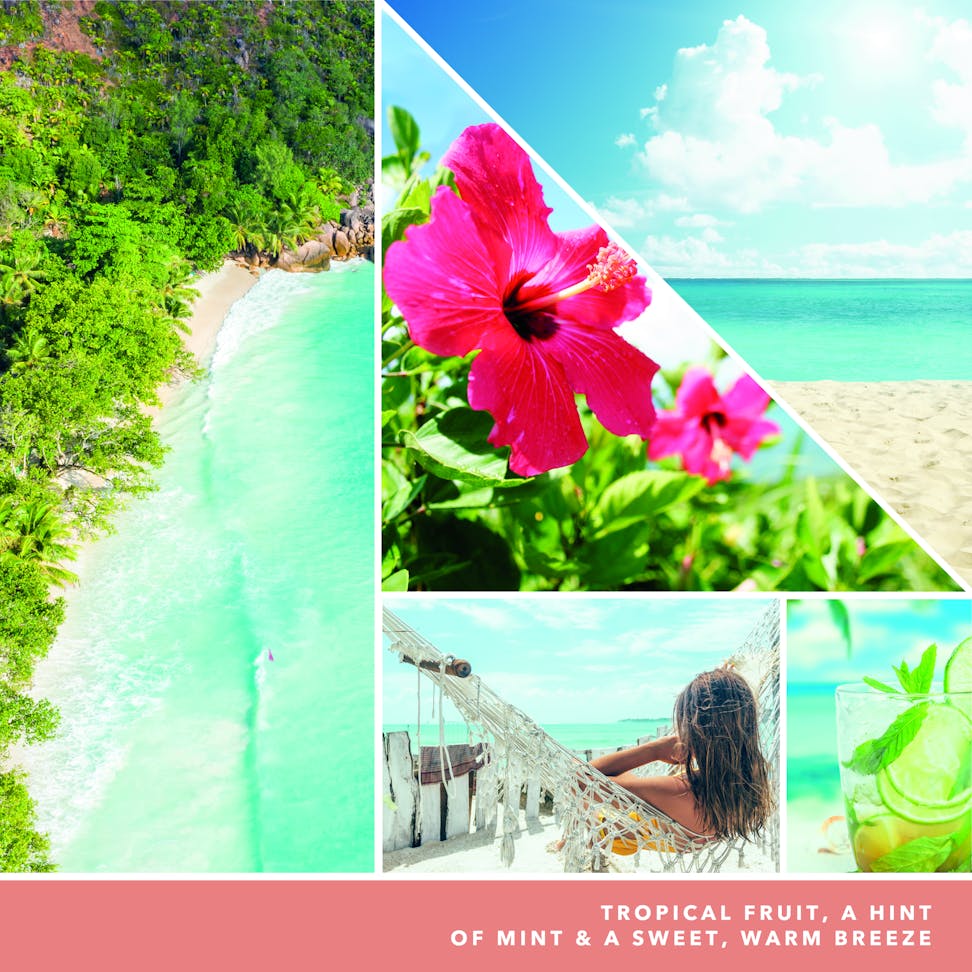 tropical fruit, a hint of mint and a sweet warm breeze text on photo collage with beaches and hammock