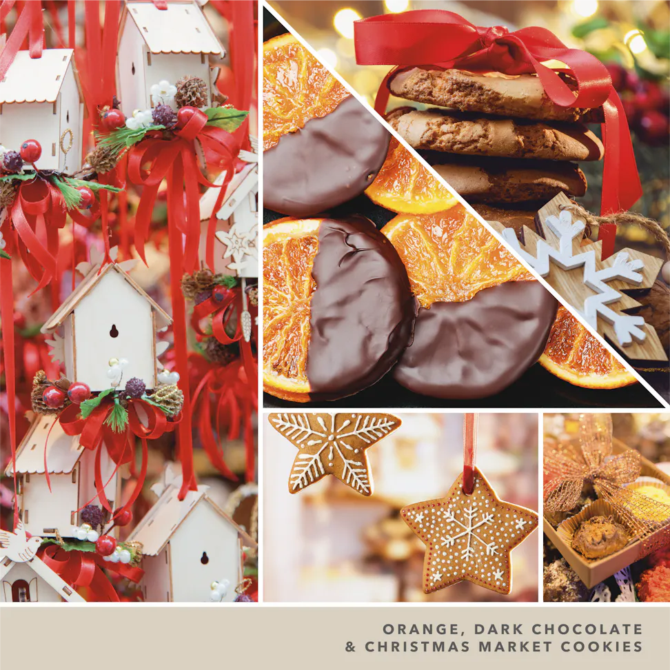 fragrance in 2D image featuring photos of birdhouse ornaments, orange slices with chocolate, pastries, and language reading orange, dark chocolate, and Christmas market cookies
