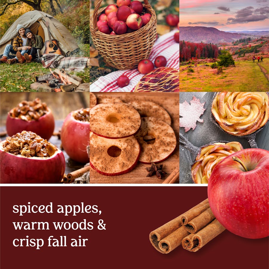 spiced apples, warm woods and crisp fall air text on photo collage with apples, cinnamon and fall landscapes
