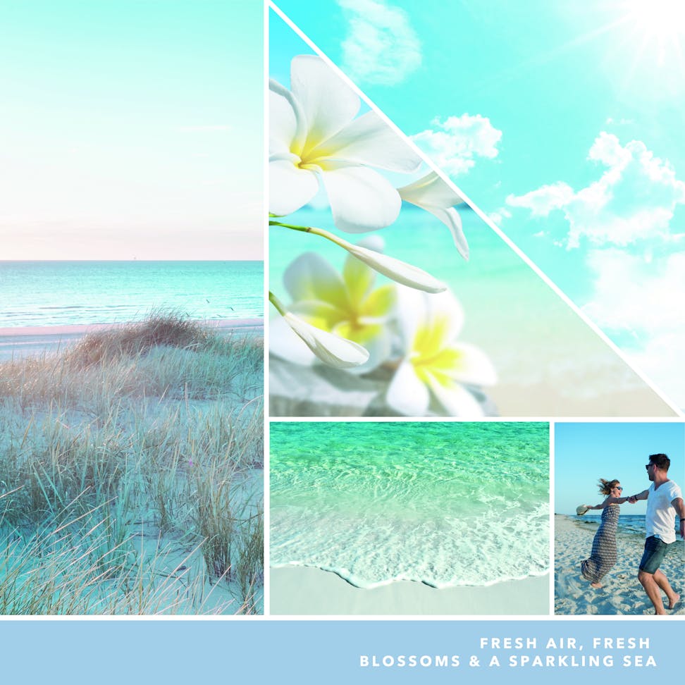 fresh air, fresh blossoms and a sparkling sea text on photo collage with beach landscapes and couple dancing