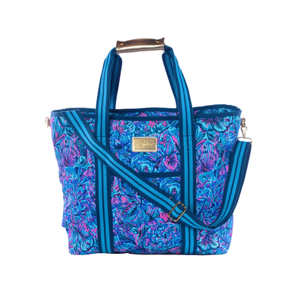 lilly pulitzer tote in tropical blue and pink pattern