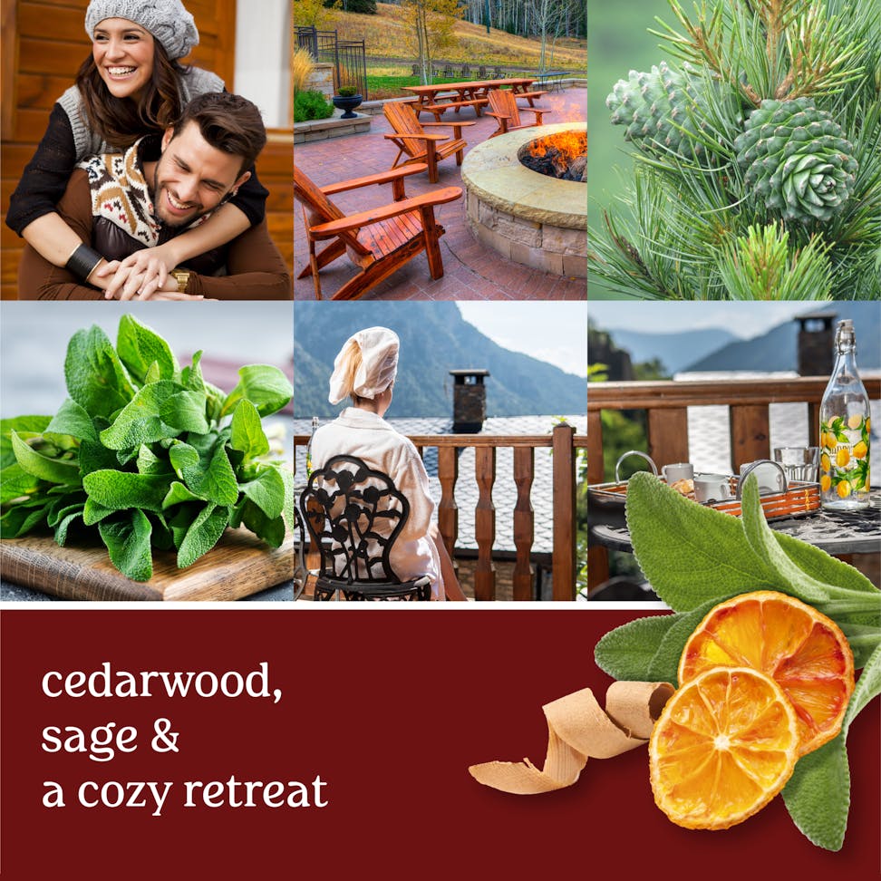 photo collage with resort and text that reads cedarwood, sage and a cozy retreat