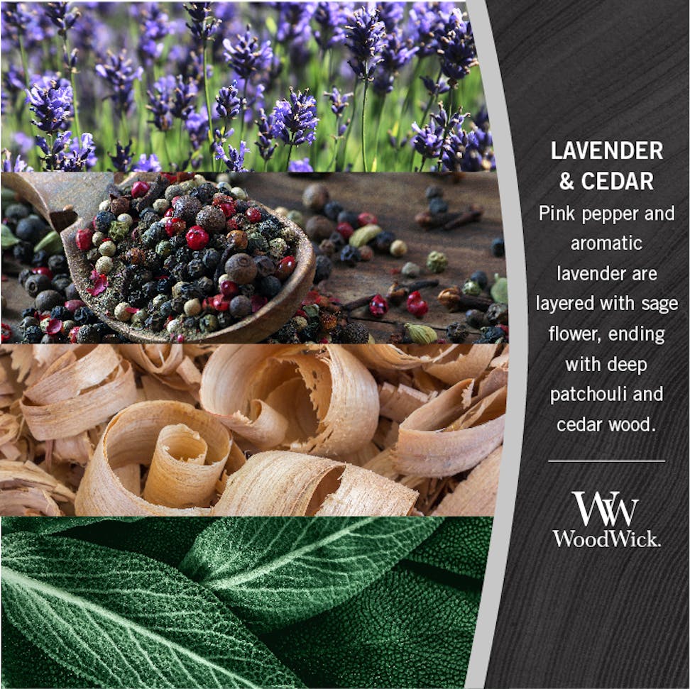 photo collage describing woodwick lavender and cedar fragrance
