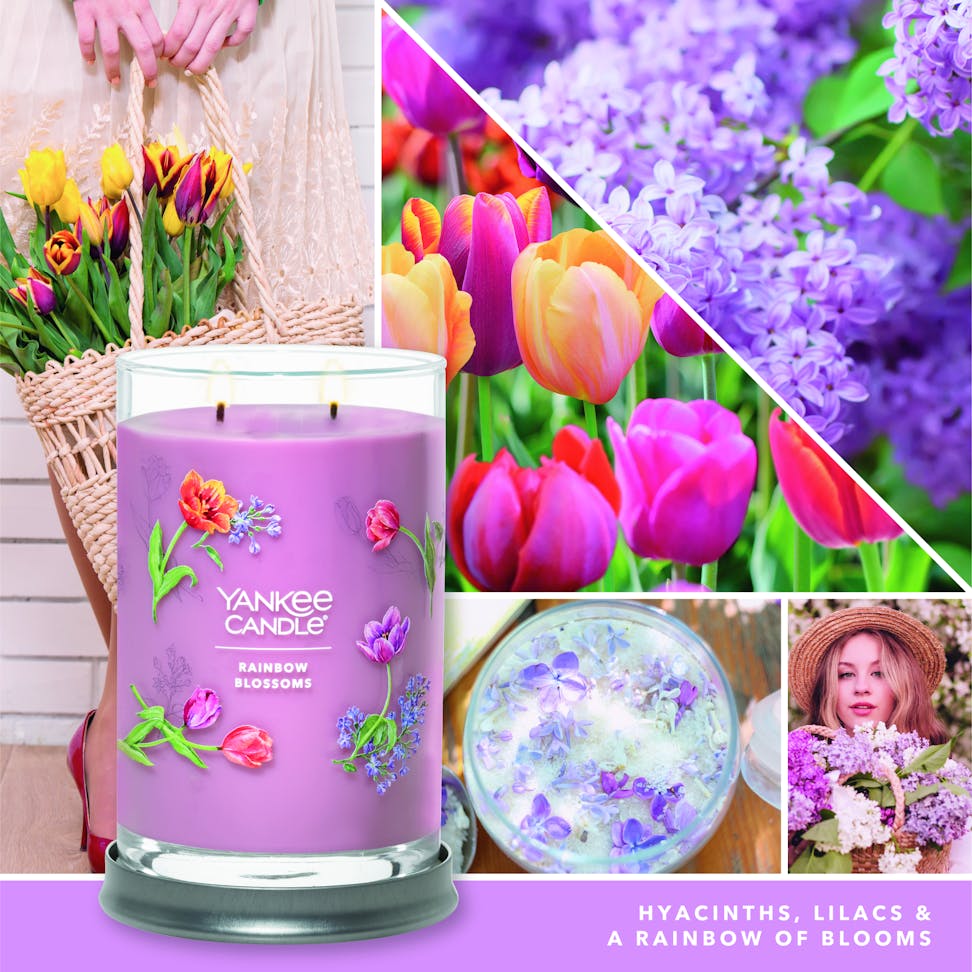 photo collage featuring rainbow blossoms signature large tumbler candle and text reading hyacinths, lilacs, and a rainbow of blooms