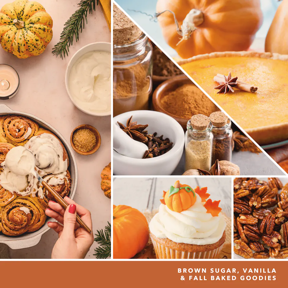 fragrance in 2D image featuring photos of a pumpkin pie, cupcakes, cinnamon rolls, pecans, and spices and text reading brown sugar, vanilla, and fall baked goodies