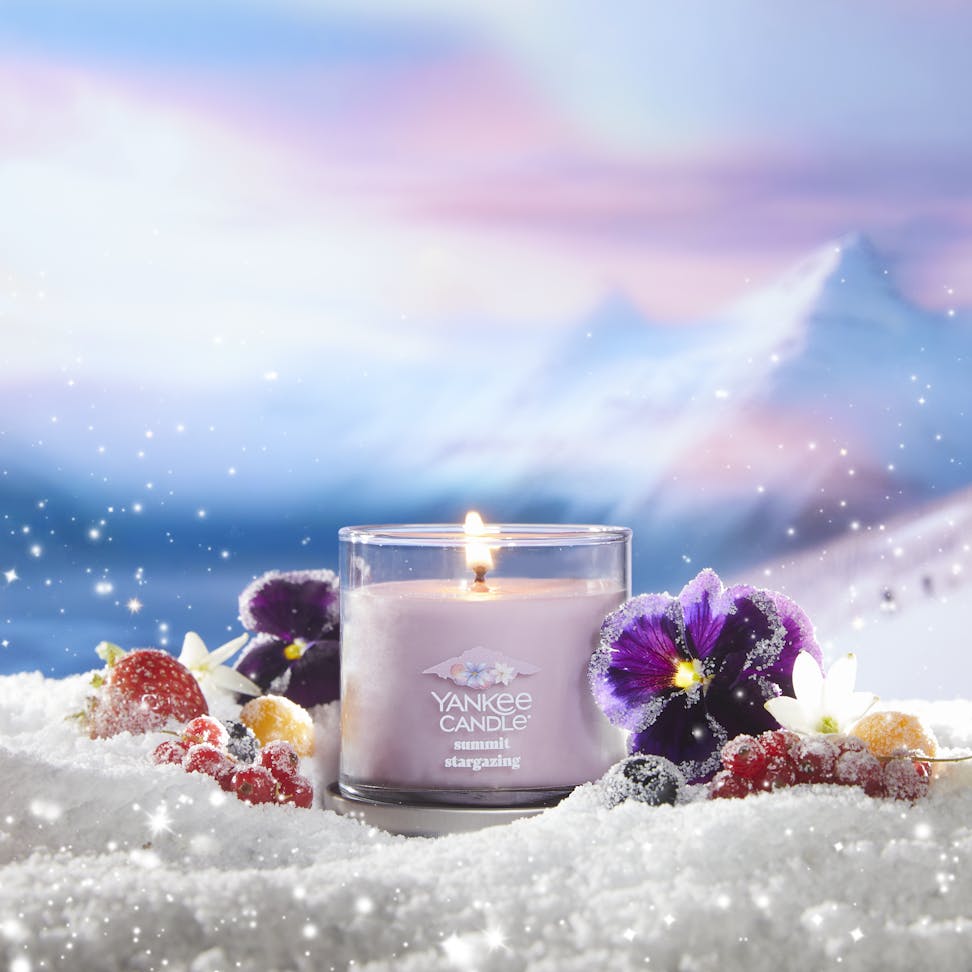 summit stargazing small tumbler candle on snowy surface with flowers and berries and with mountains in distance