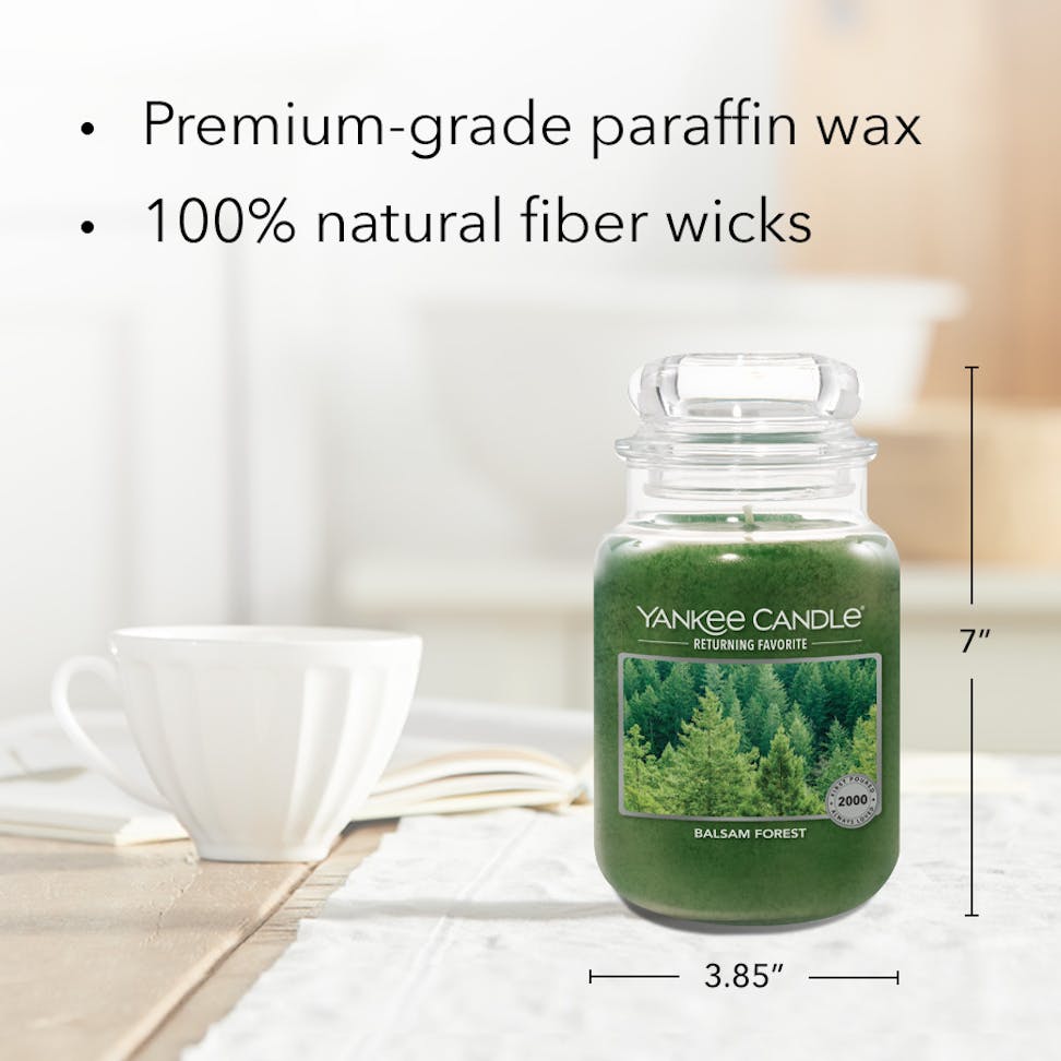 balsam forest original large jar candle with product information