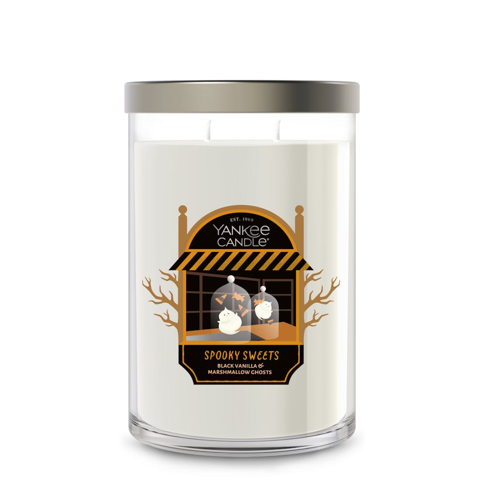 Large glass jar candle with two wicks and Halloween ghost candy shop design, perfect for home decor and ambiance
