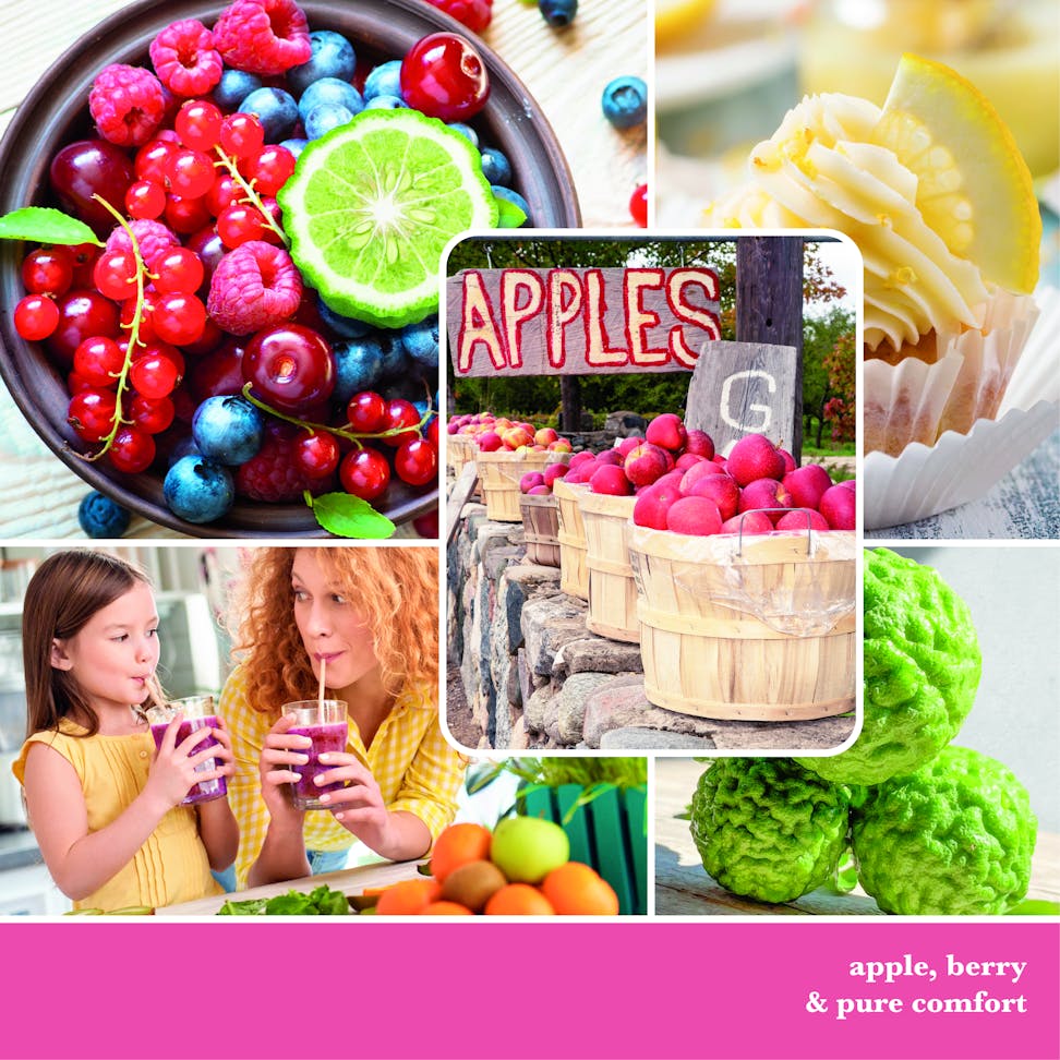 photo collage with text reading apple, berry, and pure comfort