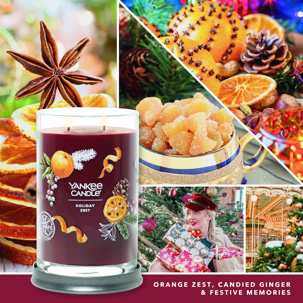 holiday zest signature large tumbler candle with photo collage and text reading orange zest, candied ginger and festive memories