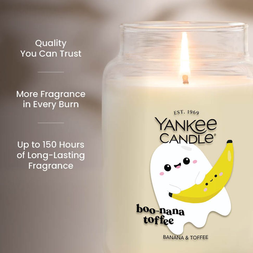 Large jar candle with cute ghost and banana design, long-lasting burn, premium home fragrance, quality guaranteed