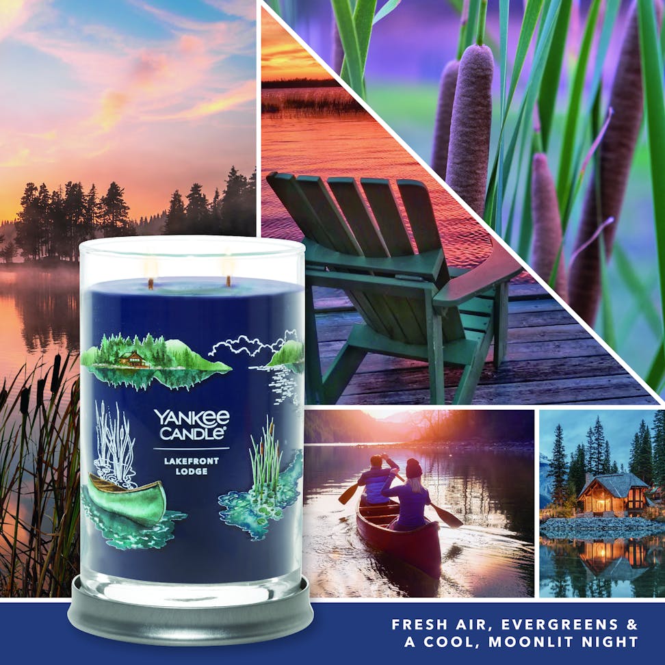 lakefront lodge signature large tumbler candle with photo collage and text reading fresh air, evergreens and a cool, moonlit night