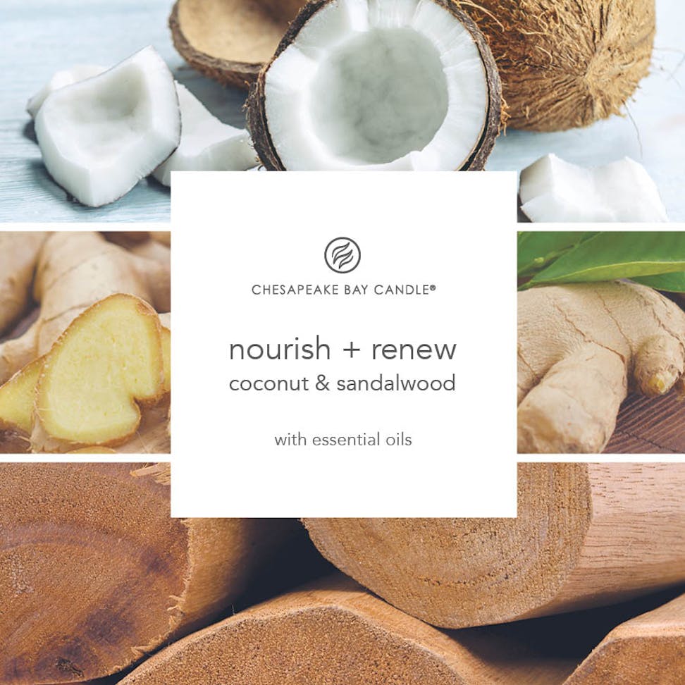 photo collage with text that reads chesapeake bay candle nourish and renew coconut and sandalwood with essential oils