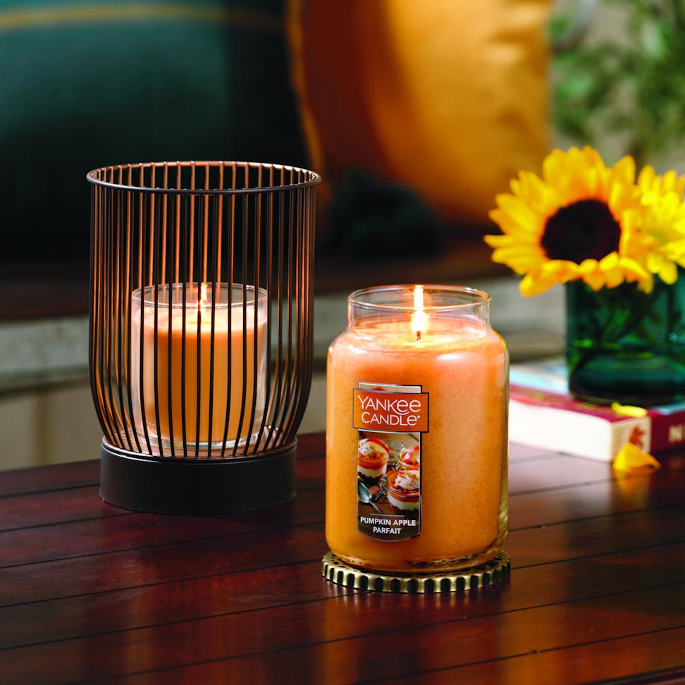 pumpkin apple parfait large jar candle with tray and jar holder on table