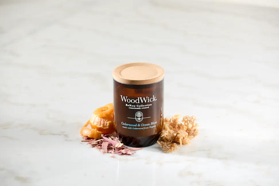 WoodWick ReNew Collection Cedarwood & Ocean Moss Large Candle on a table with sliced fruit, ocean moss, and pieces of shaved wood