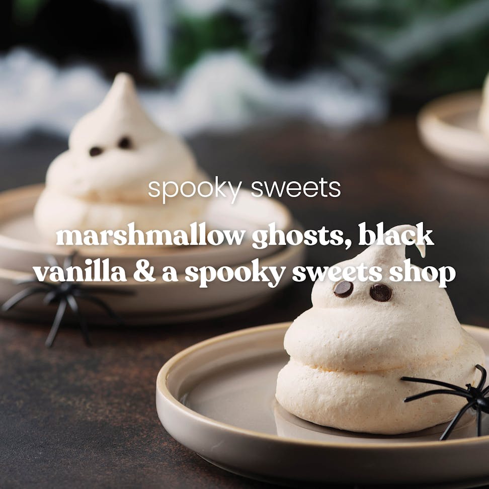 Marshmallow ghost dessert with chocolate eyes and text about spooky sweets, black vanilla, and a sweets shop.