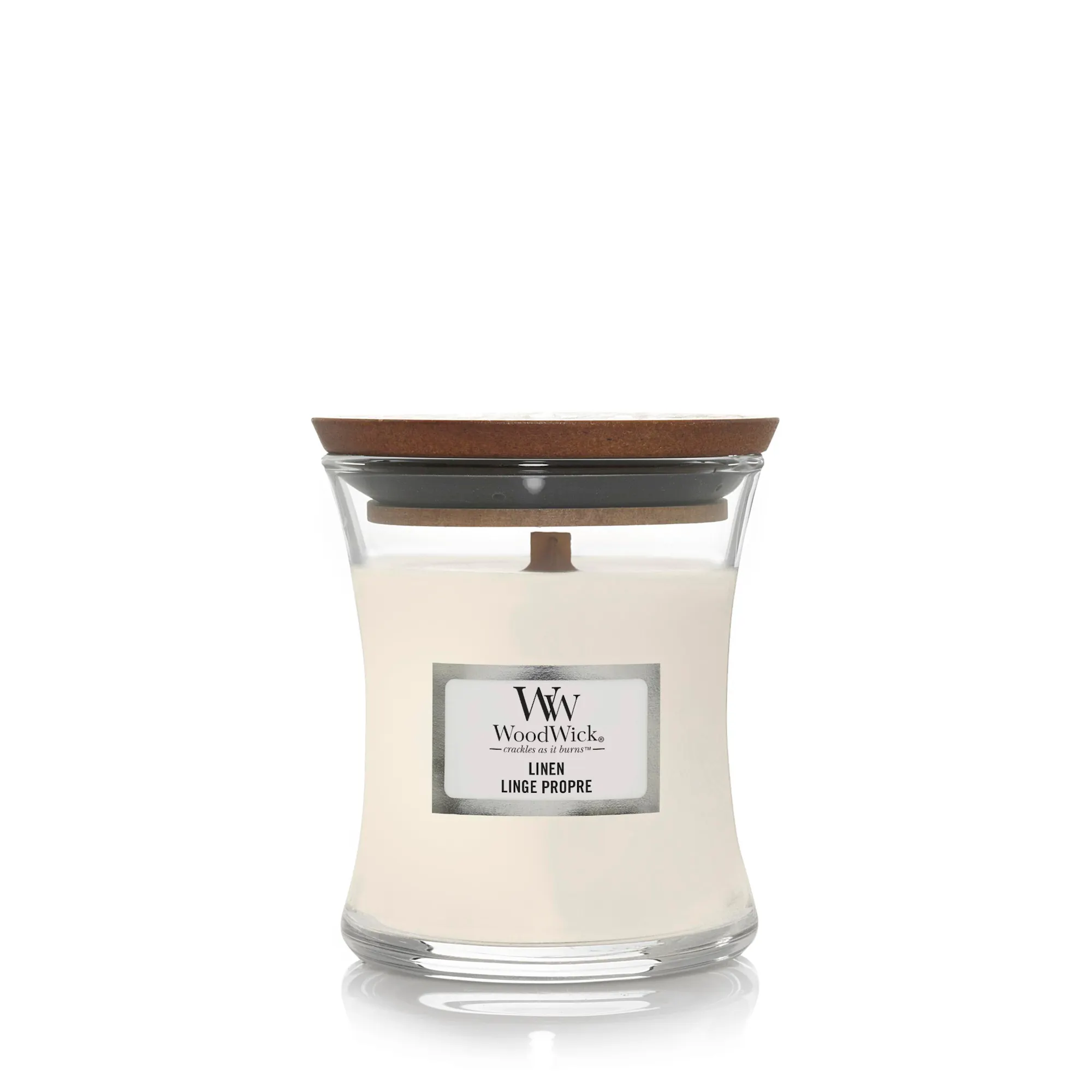 Linen Candle Mini Hourglass Candle WoodWick, White, 7cm x 7cm x 8.3cm | Fresh & Clean