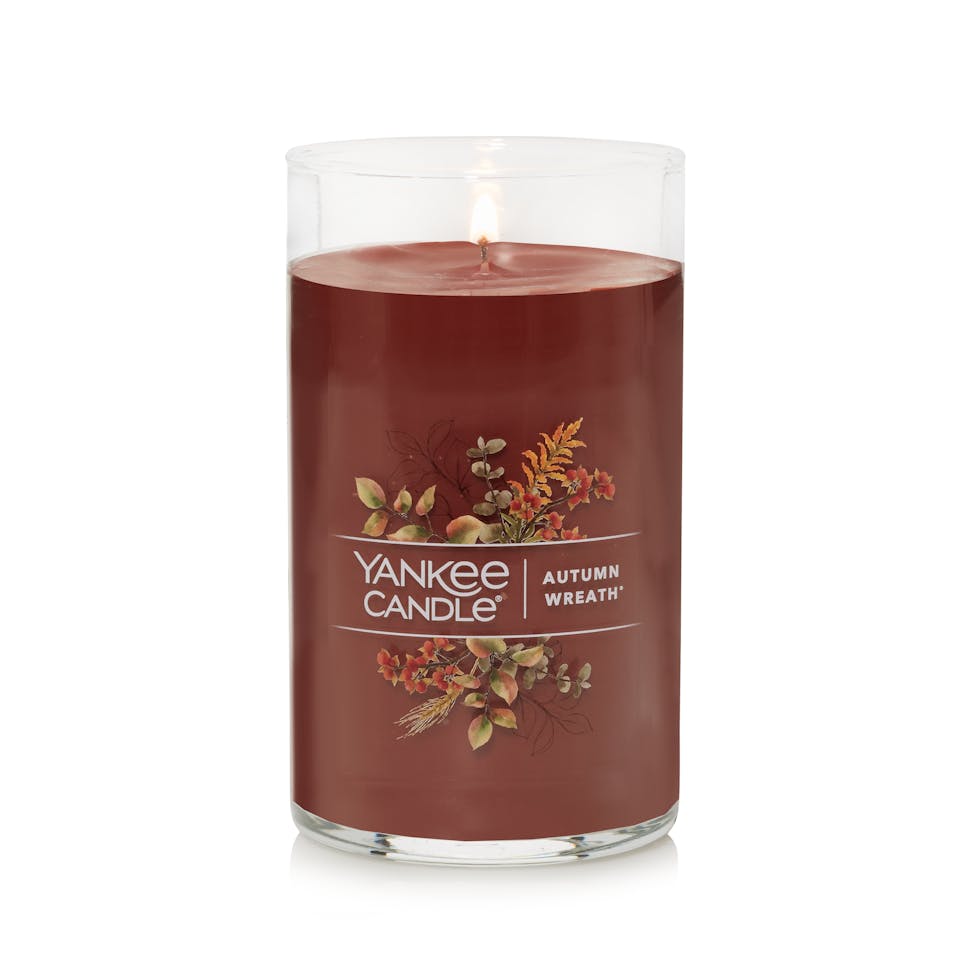 lit autumn wreath signature medium pillar candle