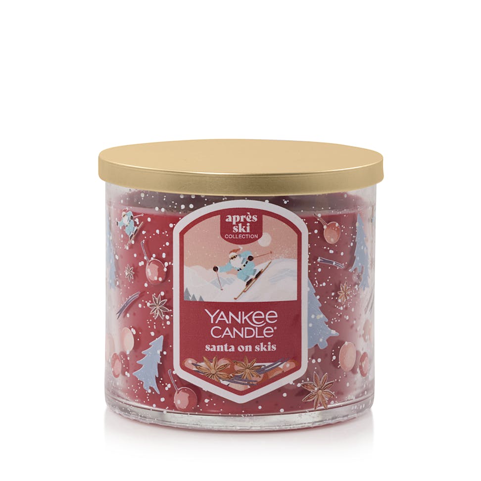 santa on skis three wick candle with lid