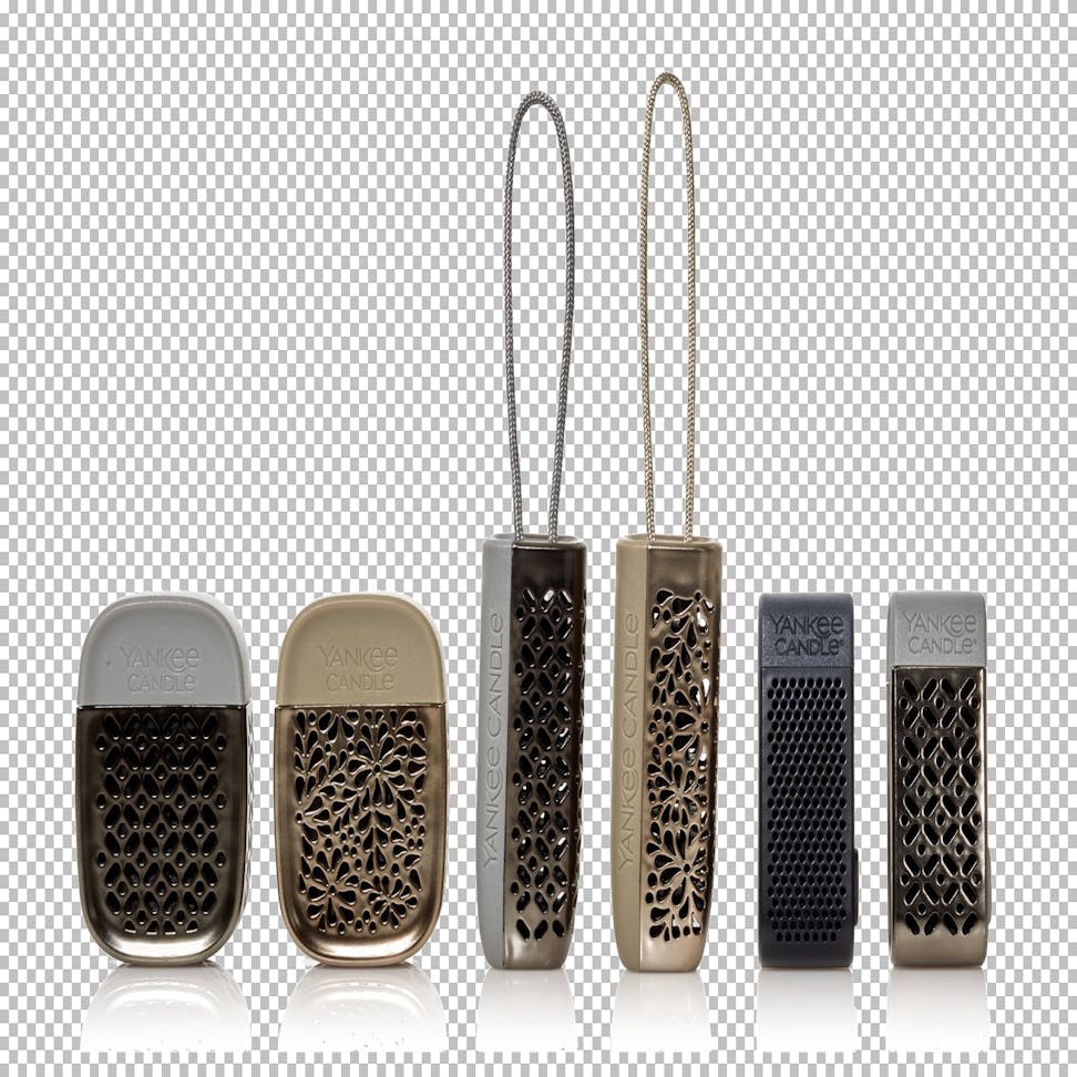 a grey Sidekick Visor Clip, a gold-colored Sidekick Visor Clip, a grey Sidekick Pendant, a gold-colored Sidekick Pendant, a black Sidekick Vent Clip, and a grey and silver Sidekick Vent Clip