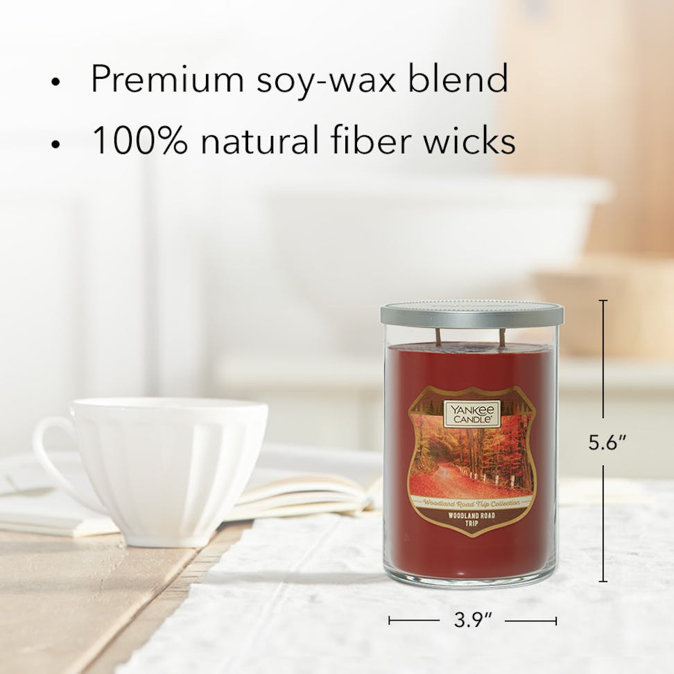 woodland road trip large two-wick tumbler candle with product information