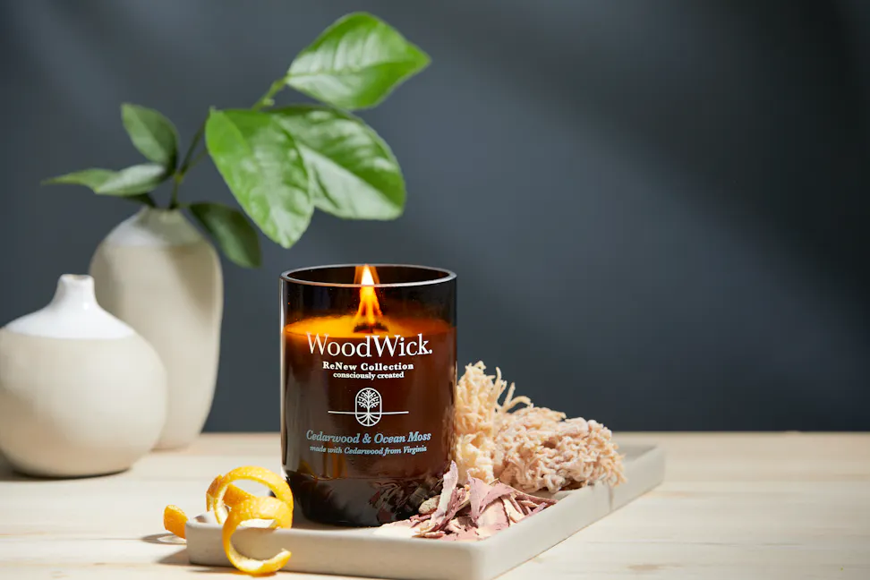 WoodWick ReNew Collection Cedarwood & Ocean Moss Large Candle on a table