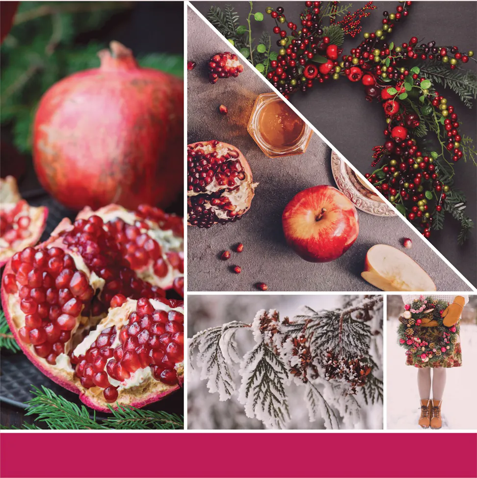 a fragrance in 2D image featuring photos of apples, pomegranate, frosted tree sprigs, and a wreath