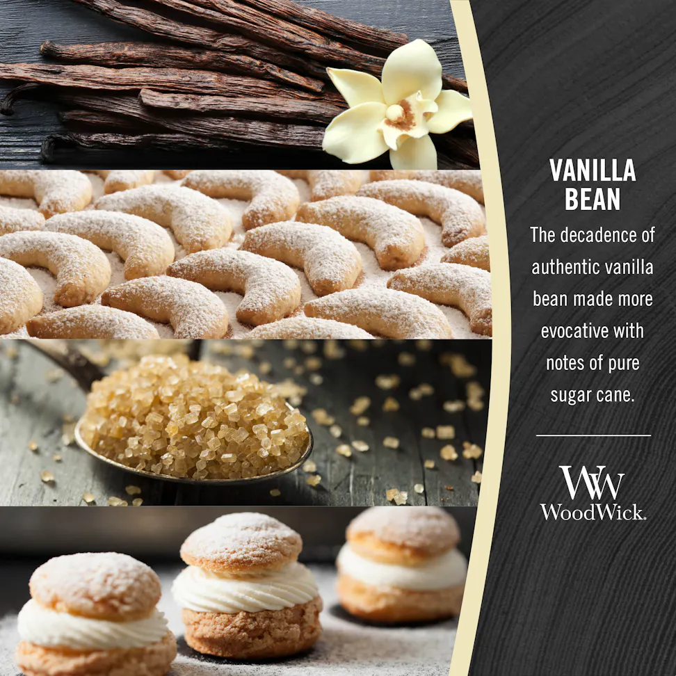 photo collage illustrating woodwick vanilla bean fragrances of vanilla bean and sugar cane