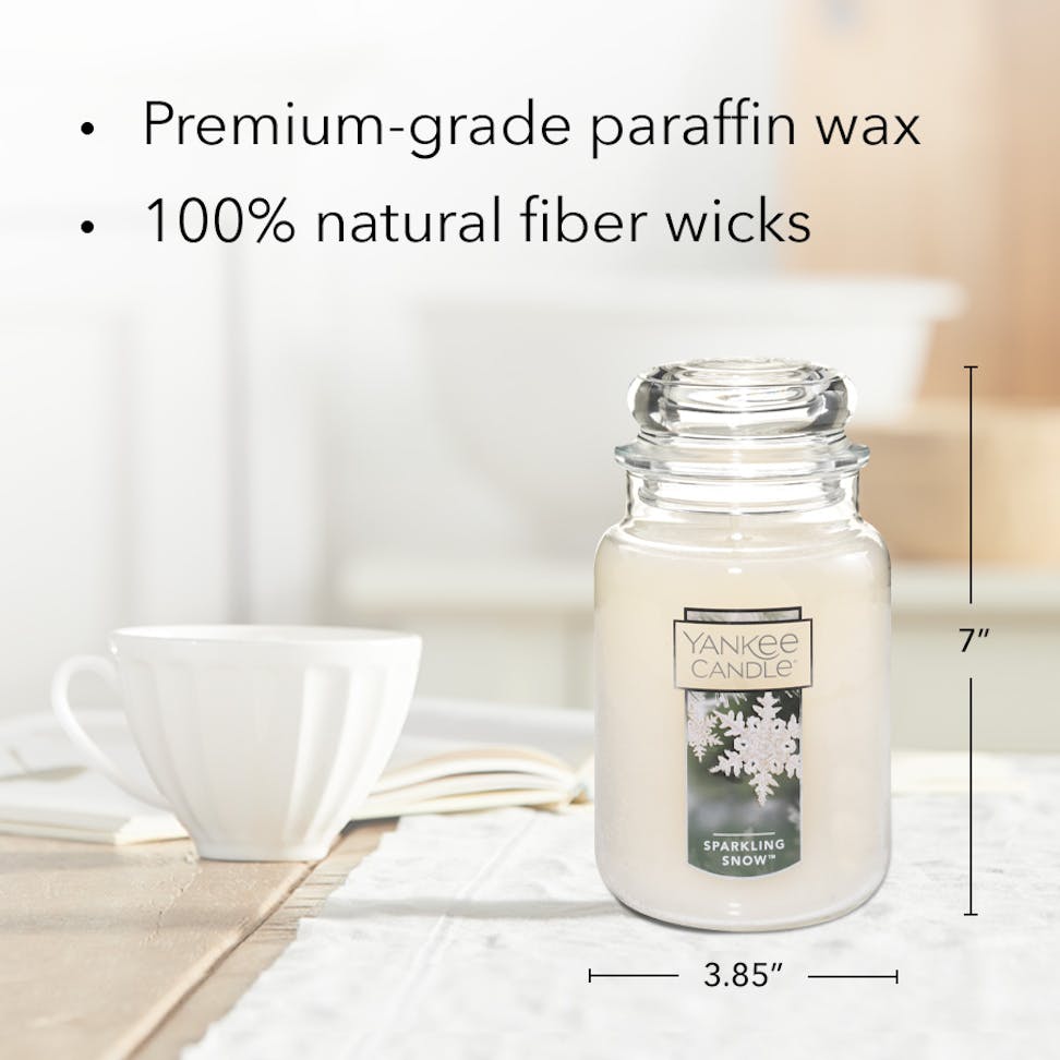 sparkling snow original large jar candle with product information