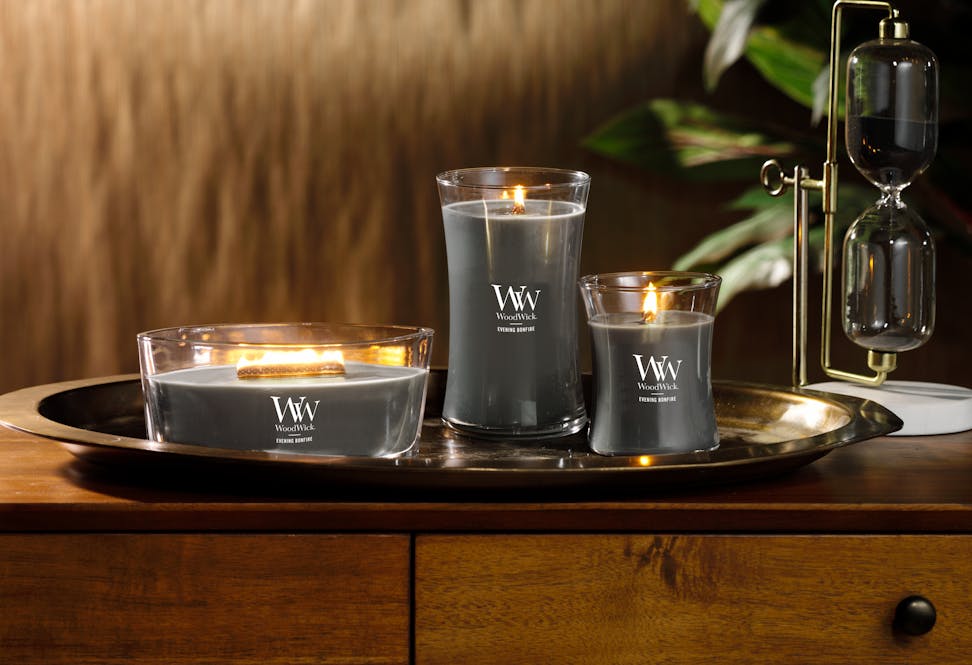 evening bonfire large and medium jar candles and ellipse candle on tray