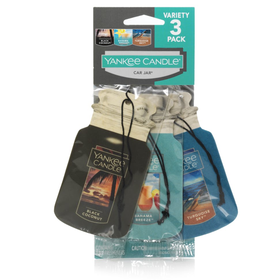Car Jar® Variety 3-Pack one each in Black Coconut, Bahama Breeze™, and Turquoise Sky™