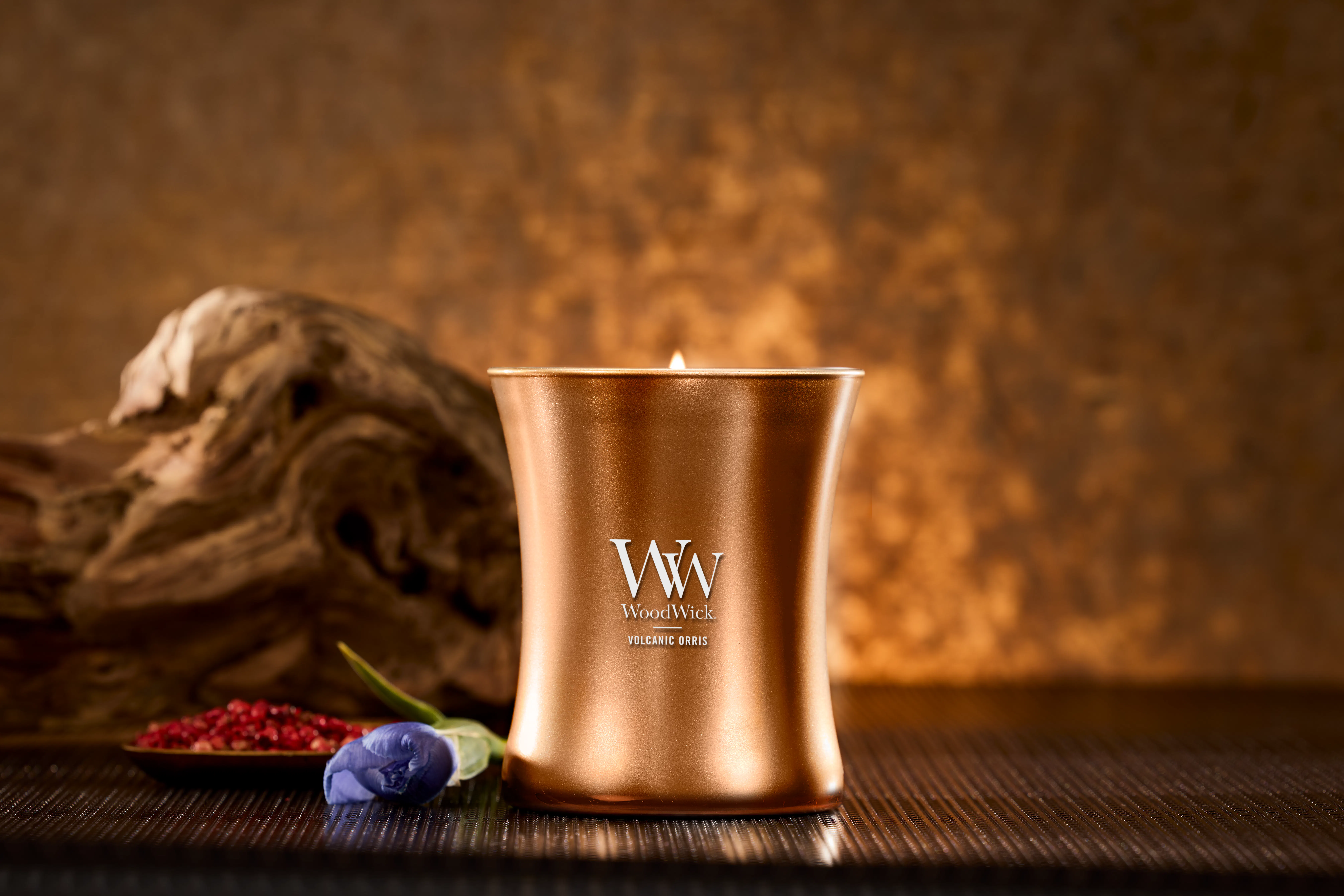 Volcanic Orris WoodWick® Precious Metals Medium Hourglass Candle