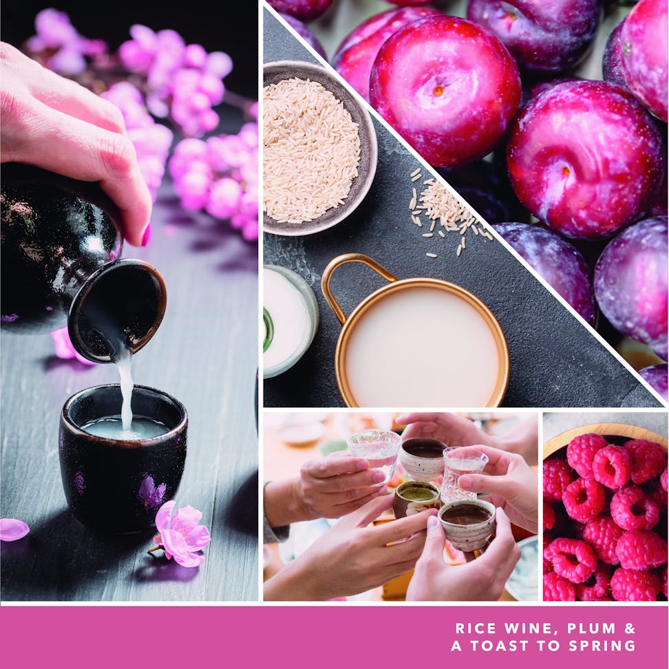 photo collage and text reading rice wine, plum and a toast to spring