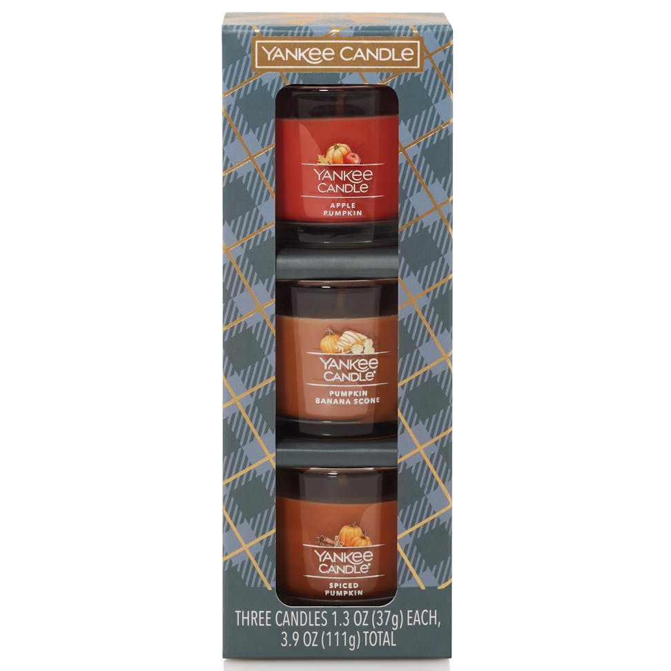 Pumpkin Season Yankee Candle Minis Gift Set featuring the fragrances of Apple Pumpkin, Pumpkin Banana Scone, and Spiced Pumpkin