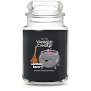 Large black glass candle jar with cute cauldron and broom illustration, labeled witches brew, home decor gift
