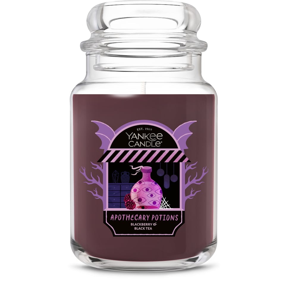 Large purple jar candle with apothecary label, perfect for home fragrance, aromatherapy, and cozy decor