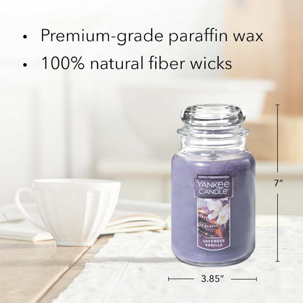 lavender vanilla original large jar candle with product information