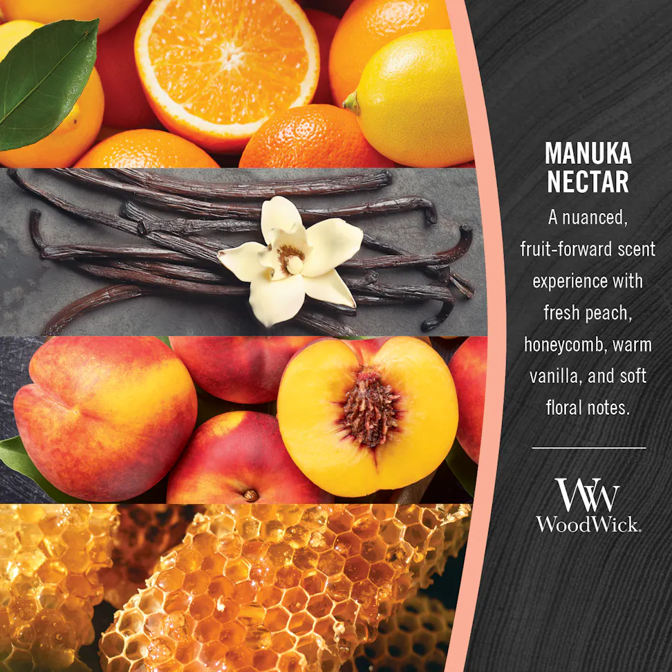 woodwick manuka nectar signage with text saying a nuanced, fruit-forward scent experience with fresh peach, honeycomb, warm vanilla, and soft floral notes