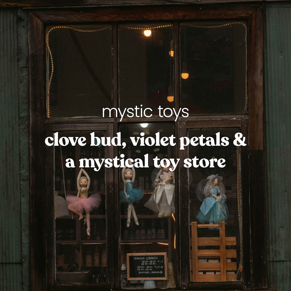 Handcrafted dolls displayed in a vintage toy store window with text about clove bud and violet petals scent