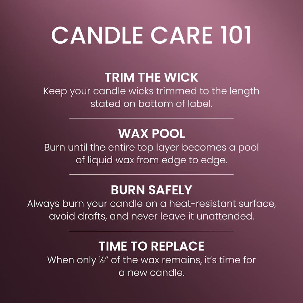 Candle care guide with tips on wick trimming, wax pool, safe burning, and when to replace your candle.