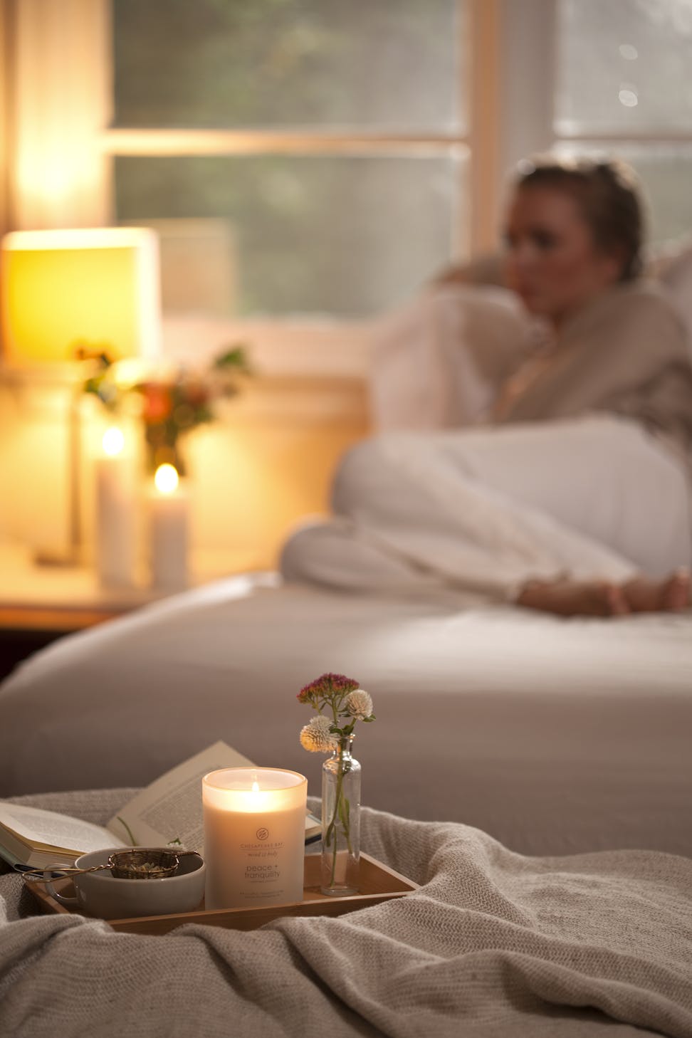 peace tranquility cashmere jasmine scented jar candle on tray