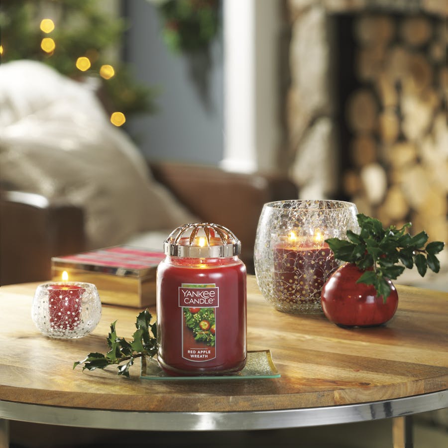 holiday sparkles large jar candle with illuma lid on tray medium 2 wick tumbler on jar holder votive candle on votive holder