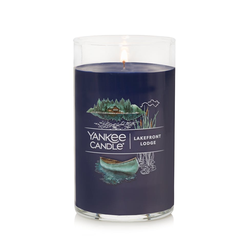 lit lakefront lodge signature medium pillar candle